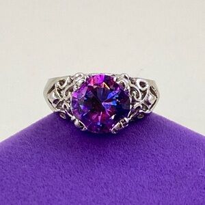 💛 Silver Tone Filigree Purple Mystic Topaz Ring | Round Rainbow Fire Stone